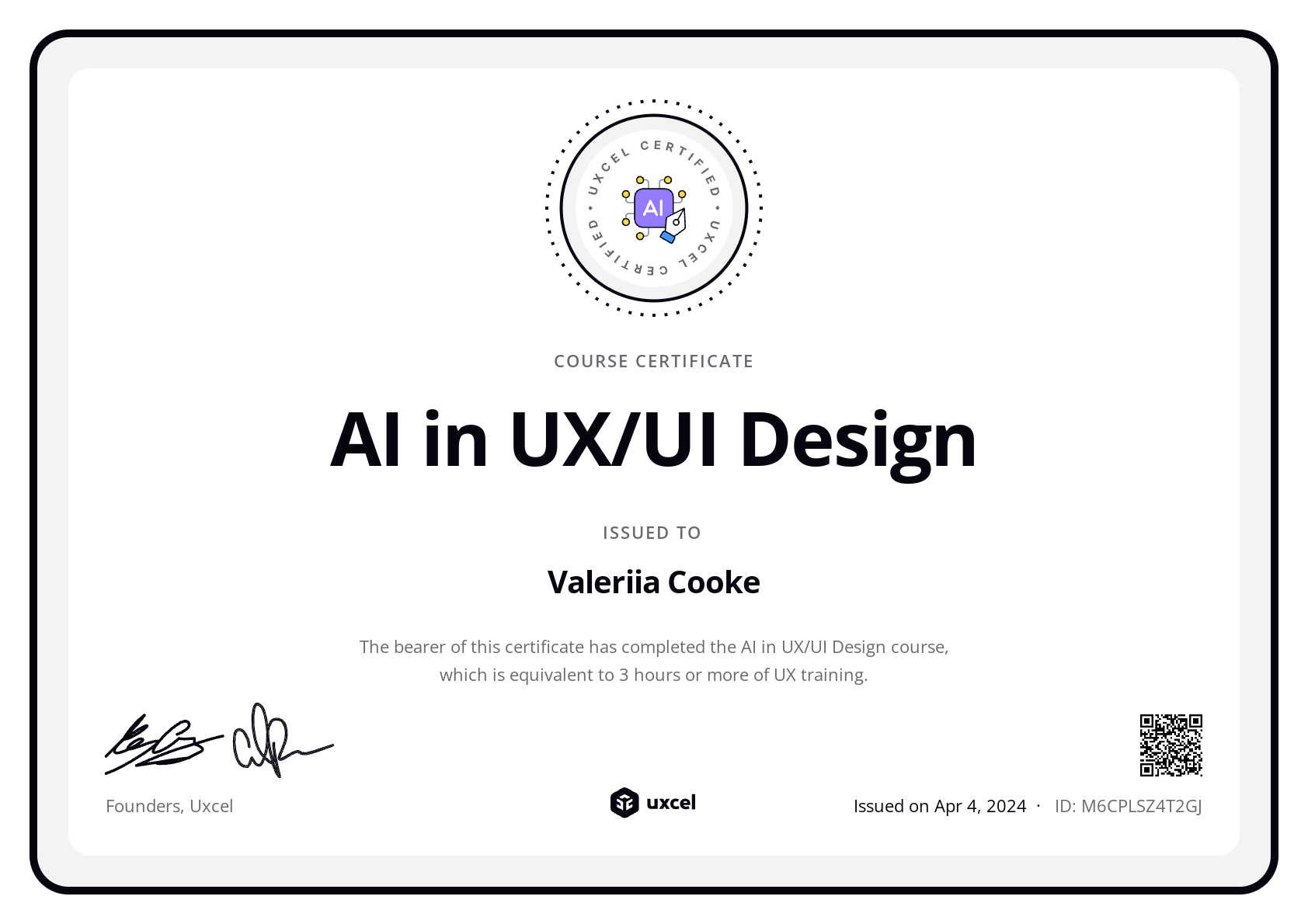 Valeriia Cooke's certificate